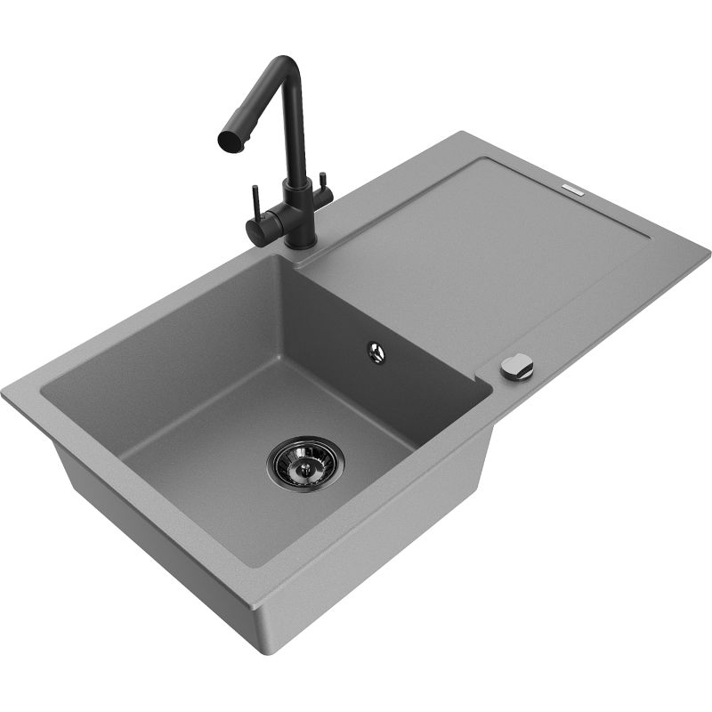 Zlewozmywak granitowy 1-komorowy Mexen Leo z ociekaczem i baterią kuchenną Duero szary 6501-71-671600-70-B