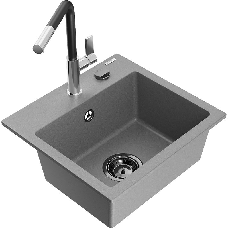 Zlewozmywak granitowy 1-komorowy Mexen Milo z baterią kuchenną Flora szary 6505-71-670401-07-B