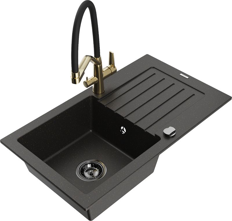 Zlewozmywak granitowy Mexen Pablo 1-komorowy z ociekaczem i baterią kuchenną Duo szary - 6510-71-671701-57-B 1 szt.