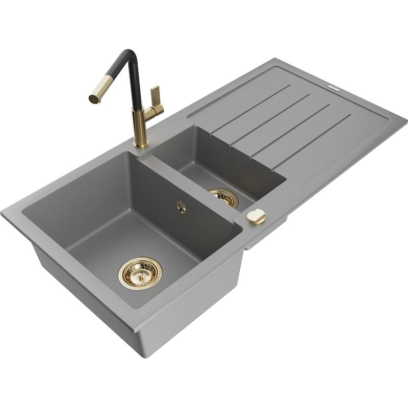 Zlewozmywak granitowy 1.5-komorowy Mexen Andres z ociekaczem i baterią kuchenną Flora szary 6515-71-670401-57-G