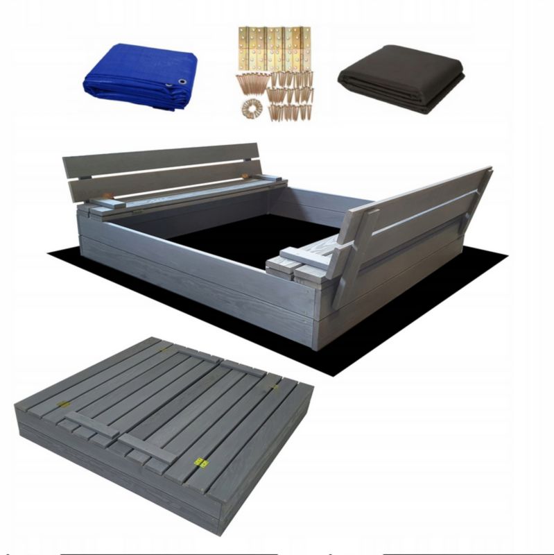 Piaskownica Szara Impregnowana SunWood Drewniana Zamykana 120x120cm 1 szt.