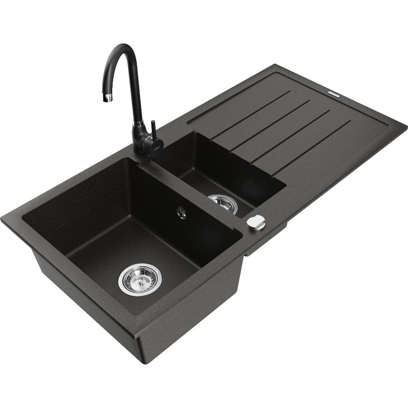 Zlewozmywak granitowy 1.5-komorowy Mexen Andres z ociekaczem i baterią kuchenną Telma szary - 6515-71-670200-71 1 szt.