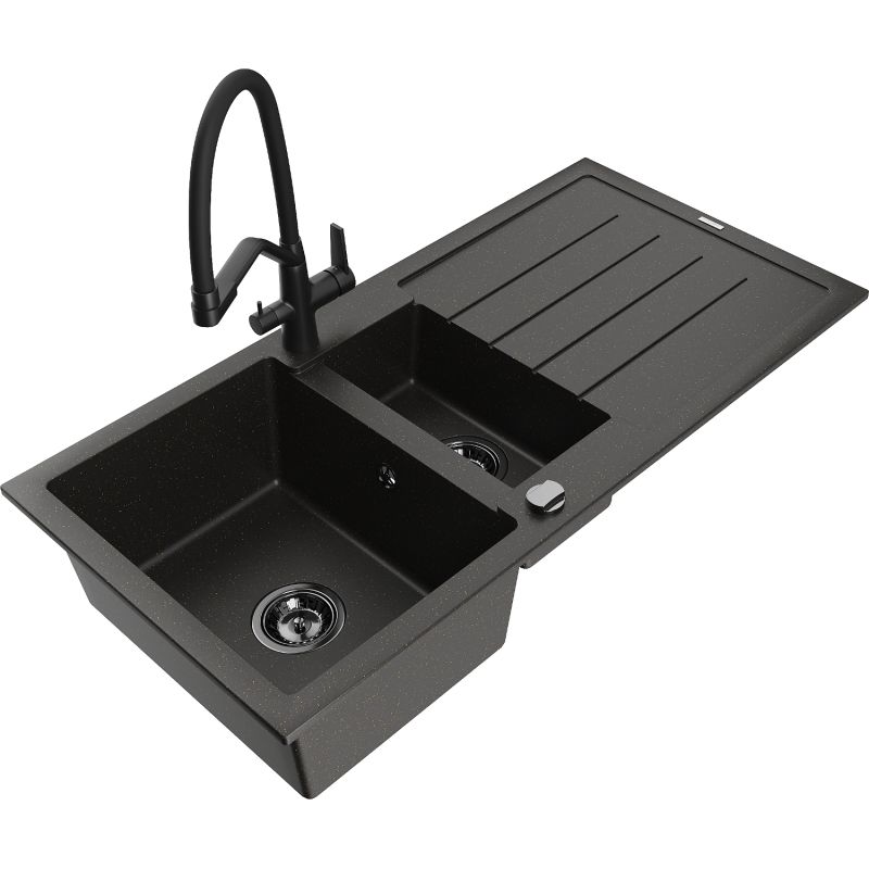 Zlewozmywak granitowy 1.5-komorowy Mexen Andres z ociekaczem i baterią kuchenną Duo szary - 6515-71-671701-70-B 1 szt.