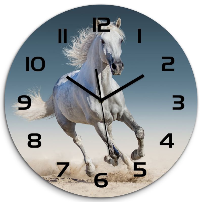 Zegar szklany Tulup Biały koń w galopie czarne wskazówki fi30 cm cichy 1 szt.