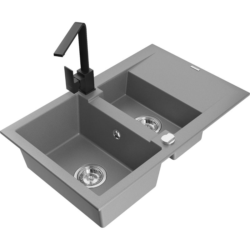 Zlewozmywak granitowy 1.5-komorowy Mexen Gaspar z ociekaczem i baterią kuchenną Rita szary - 6507-71-670300-70-B 1 szt.
