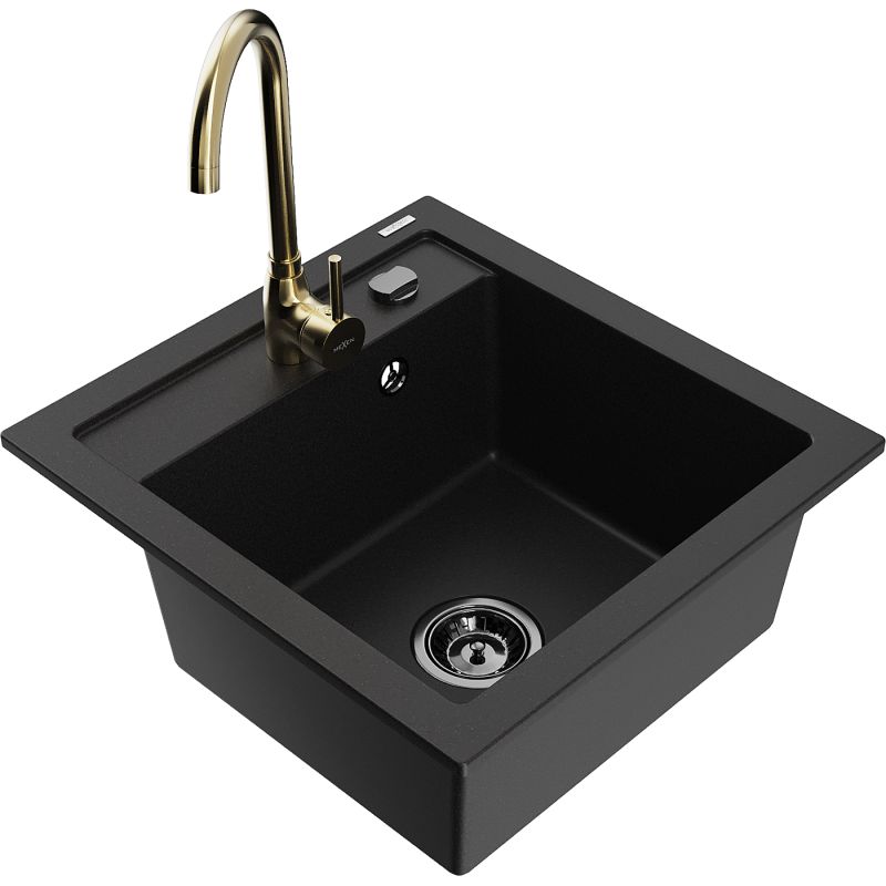 Zlewozmywak granitowy 1-komorowy Mexen Vito z baterią kuchenną Telma czarny 6503-77-670200-50-B