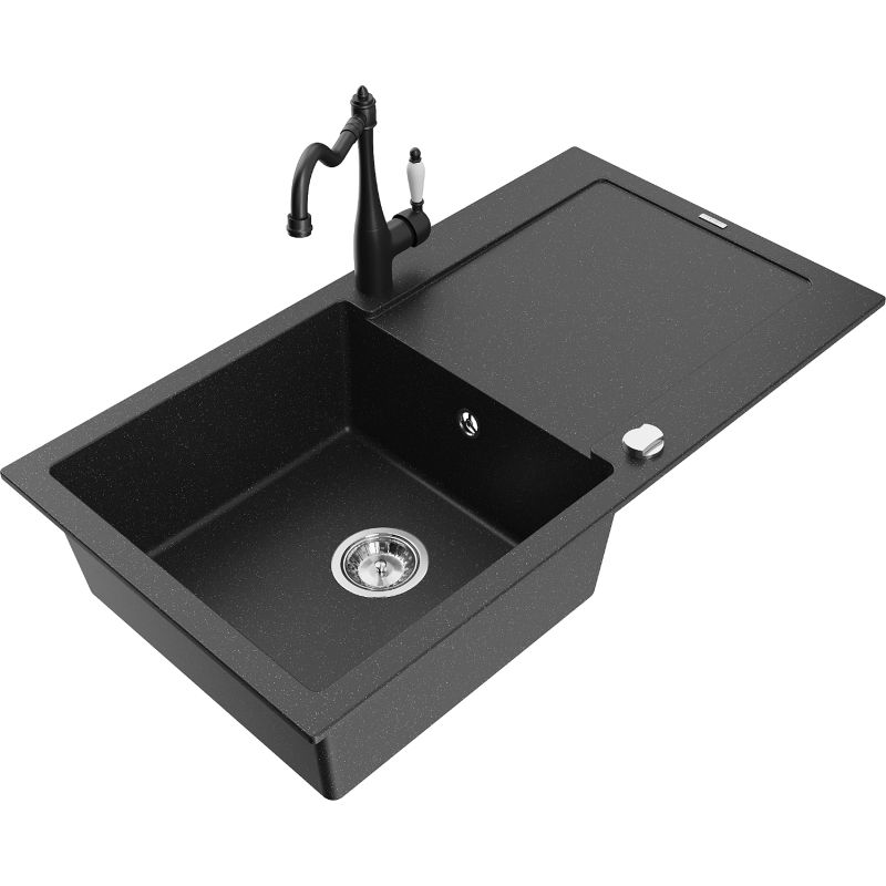 Zlewozmywak granitowy 1-komorowy Mexen Leo z ociekaczem i baterią kuchenną Carla szary - 6501-71-670700-71 1 szt.