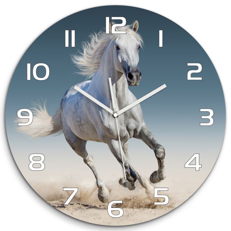Zegar szklany Tulup Biały koń w galopie fi30 cm cichy 1 szt.