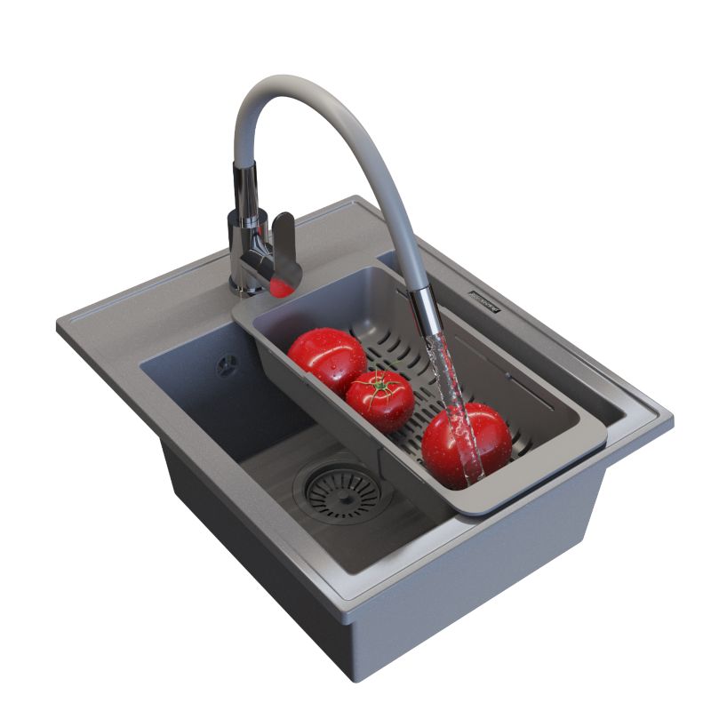 Zlewozmywak Granitowy Granitan Nero Jednokomorowy z Syfonem, Koszykiem i Baterią Grado Szary 1kpl.