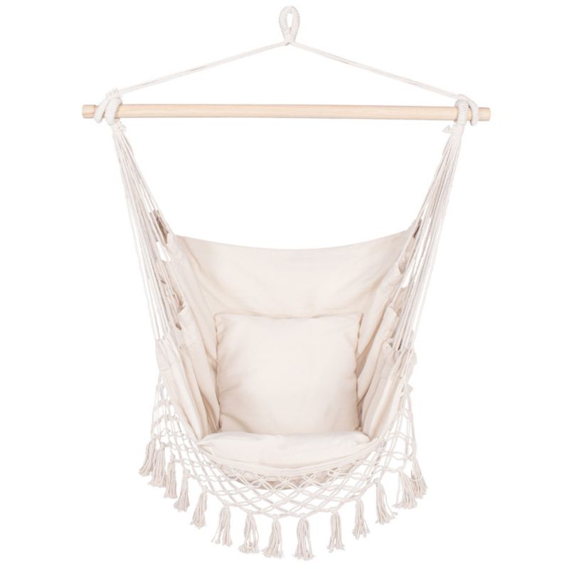Fotel wiszący z poduszkami Springos 130x100cm hamak brazylijski z frędzlami kremowy 1 szt.