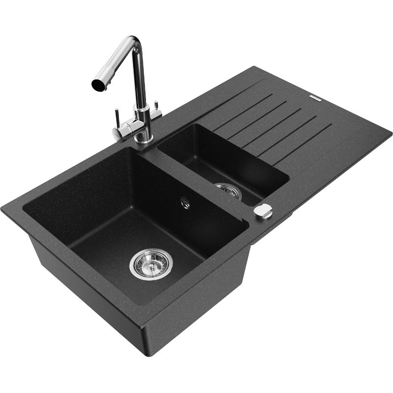 Zlewozmywak granitowy 1.5-komorowy Mexen Matias z ociekaczem i baterią kuchenną Duero czarny/srebrny metalik 6502-73-671600-00