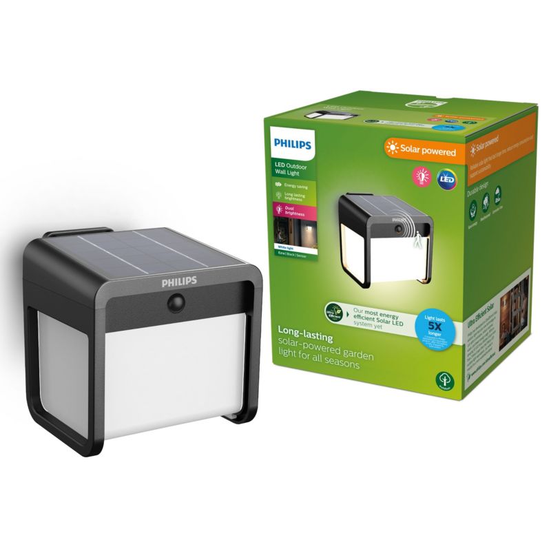 Kinkiet Ogrodowy Philips Lampa Solarna Elewacyjna Zewnętrzna LED 1.8W 250lm 3000K IP44 Czujnik Ruchu i Zmierzchu Czarna 1 szt.
