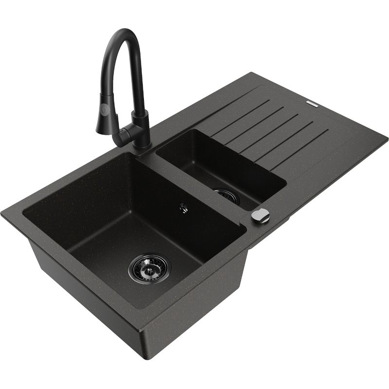 Zlewozmywak granitowy 1.5-komorowy Mexen Matias z ociekaczem i baterią kuchenną Elia szary - 6502-71-670101-71 1 szt.