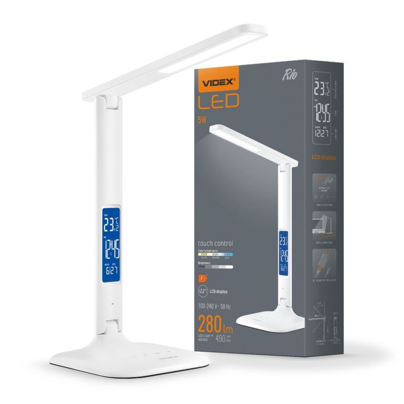 Lampa biurkowa Videx biała LED 5W 3000K / 4000K / 6500K 490lm IP20 wym: 32.9 x 15 x 15 cm tworzywo sztuczne - 1 szt.