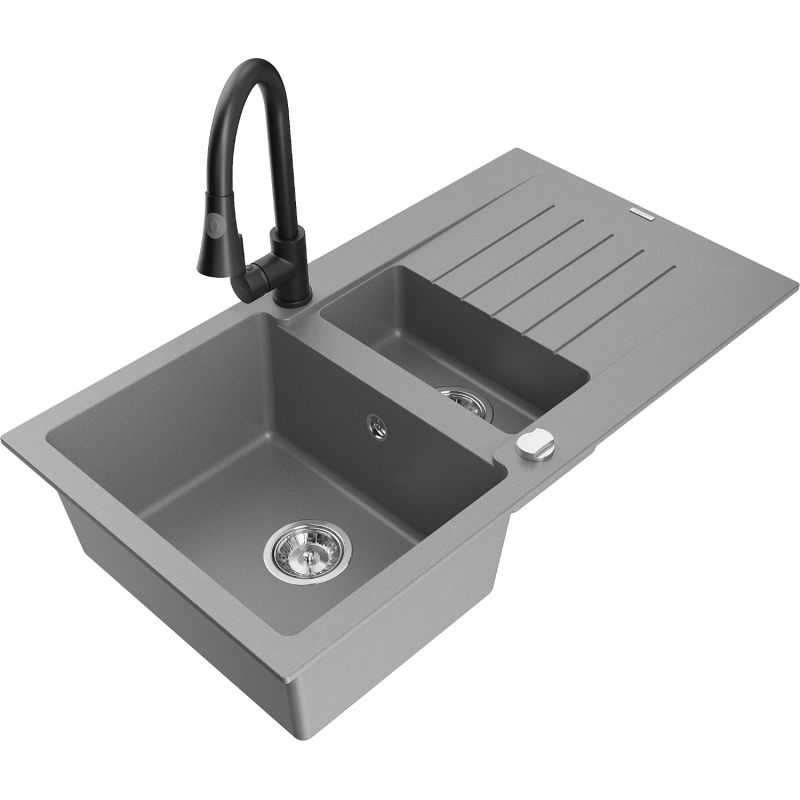 Zlewozmywak granitowy 1.5-komorowy Mexen Matias z ociekaczem i baterią kuchenną Elia szary 6502-71-670101-70