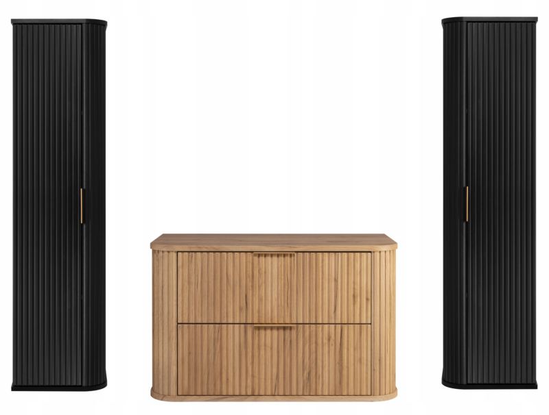 Szafka pod umywalkę i dwa słupki Furnidea 80 cm + 2 x 139 cm dąb craft czarna ryflowany Glamour zestaw