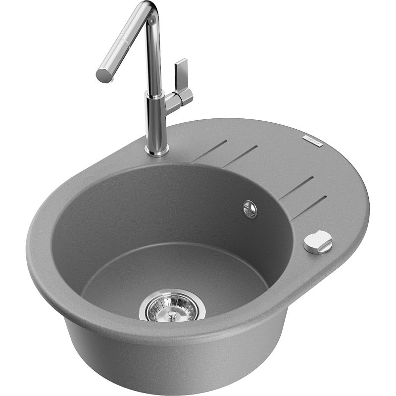 Zlewozmywak granitowy 1-komorowy Mexen Kevin z ociekaczem i baterią kuchenną Flora szary 6517-71-670401-00