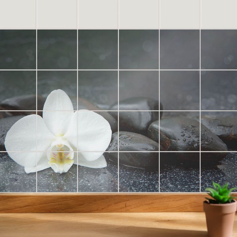 Samoprzylepna naklejka na kafle Wallfluent 20x20 cm Kwiat na kamieniach wodnych wodoodporne 24 szt.