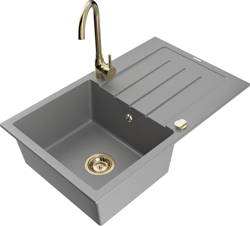 Zlewozmywak granitowy Mexen Bruno 1-komorowy z ociekaczem i baterią kuchenną Telma szary 6513-71-670200-50