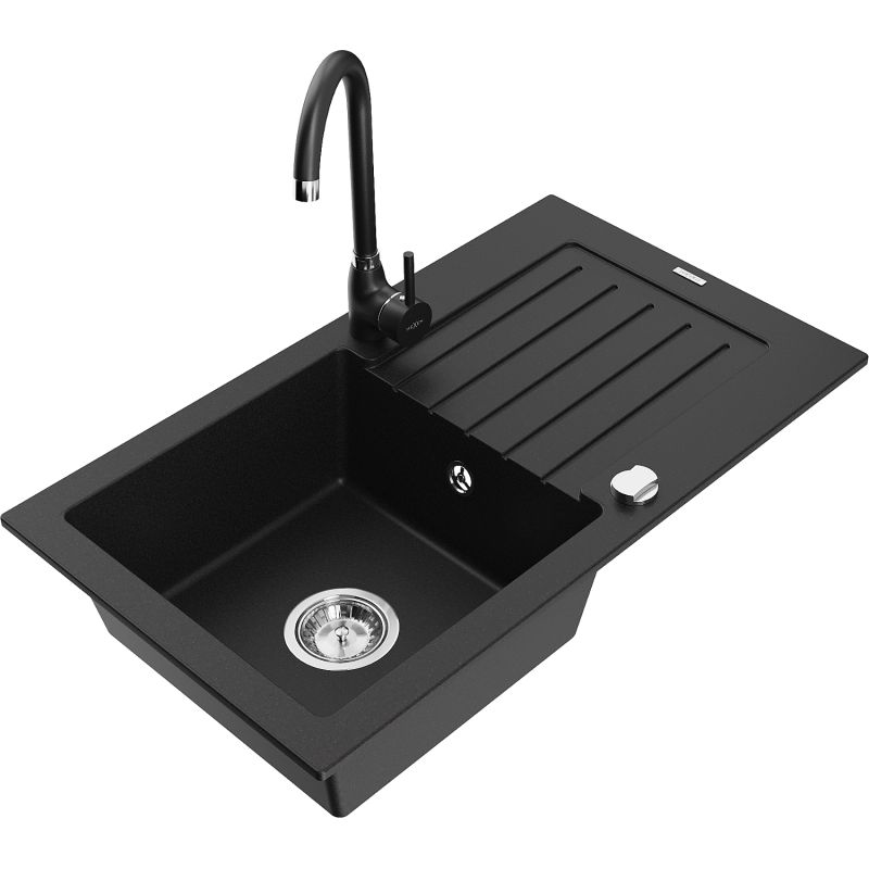 Zlewozmywak granitowy 1-komorowy Mexen Pablo z ociekaczem i baterią kuchenną Telma czarny nakrapiany - 6510-76-670200-76 1 szt.