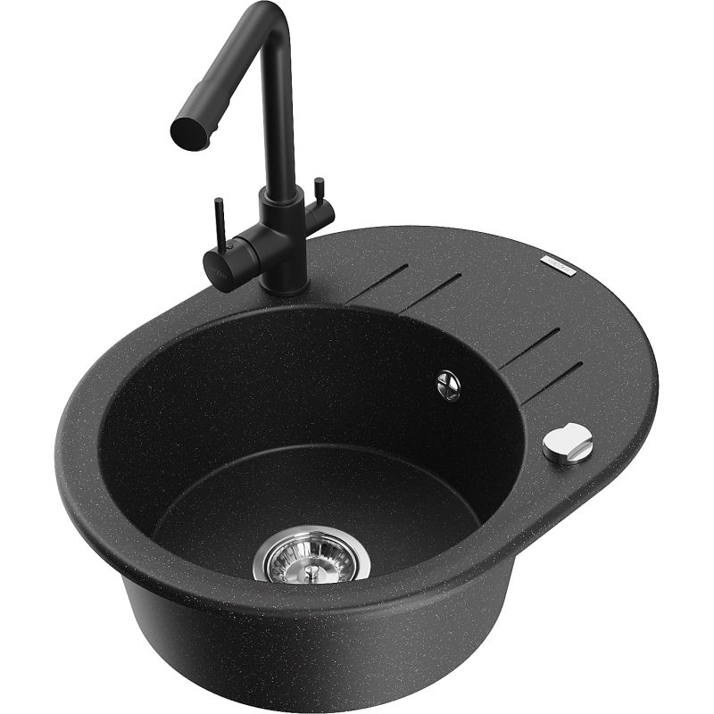 Zlewozmywak granitowy 1-komorowy Mexen Kevin z ociekaczem i baterią kuchenną Duero szary - 6517-71-671600-71 1 szt.