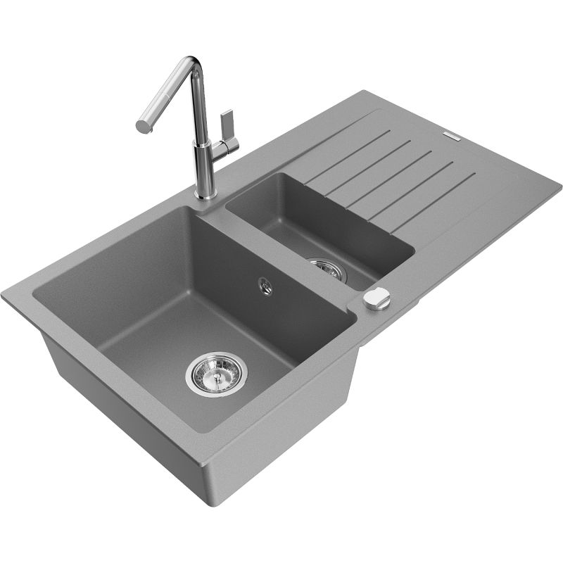 Zlewozmywak granitowy 1.5-komorowy Mexen Matias z ociekaczem i baterią kuchenną Flora szary 6502-71-670401-00