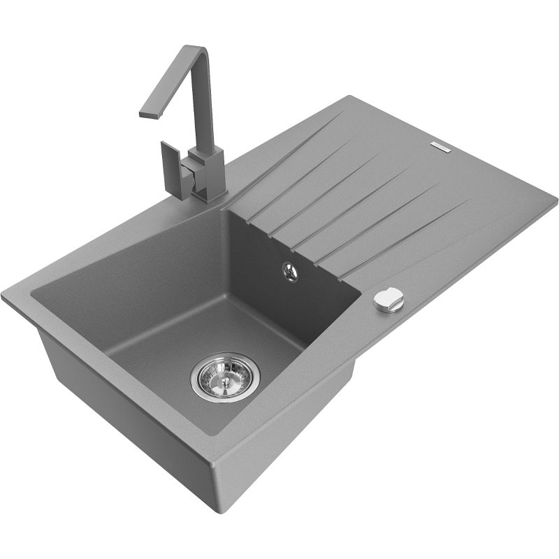 Zlewozmywak granitowy 1-komorowy Mexen Cesar z ociekaczem i baterią kuchenną Rita szary - 6514-71-670300-50 1 szt.