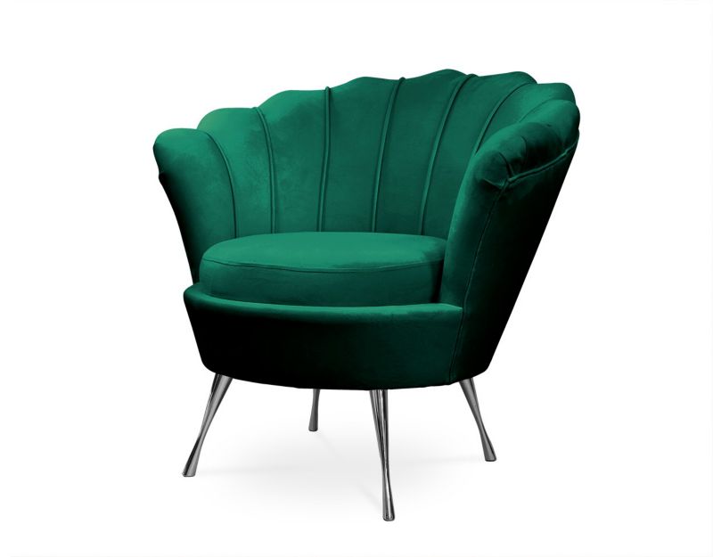 Fotel tapicerowany Bettso Muszelka na srebrnej nodze do salonu zielony 1szt.
