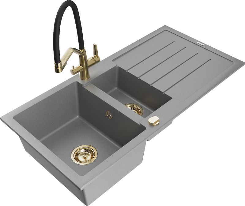 Zlewozmywak granitowy Mexen Andres 1,5-komorowy z ociekaczem i baterią kuchenną Duo szary 6515-71-671701-57-G