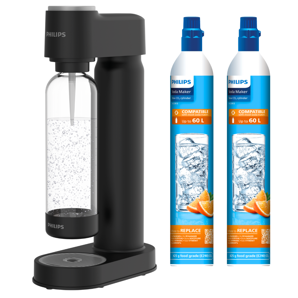 Saturator PHILIPS ADD4901BK kolor czarny. W zestawie 2 butle CO2. Urządzenie do gazowania wody, syfon domowy do wody gazowanej.