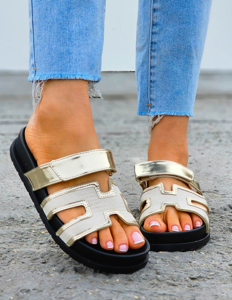 Złote Klapki Damskie Hernes Na Rzepy