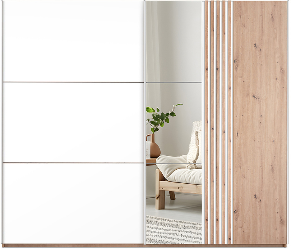 Szafa przesuwna z lamelami 203 cm z lustrami biały dąb wotan SAVINA