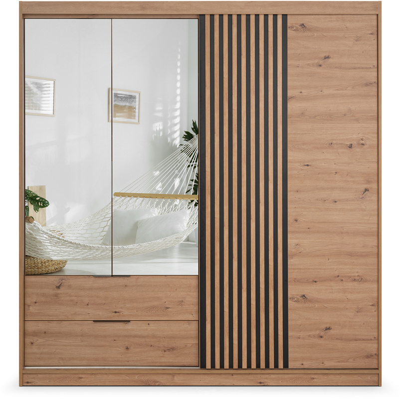 Szafa przesuwna z lamelami 203 cm szufladami lustrami dąb artisan MISTRAL