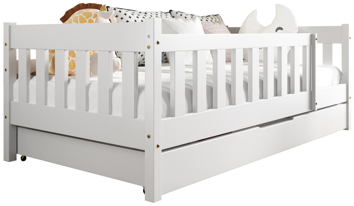 Białe łóżko do pokoju dziecięcego z barierką i pojemnikiem 80x160 cm NEBULA