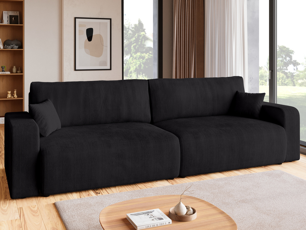 Czarna rozkładana sofa do salonu z pojemnikiem i funkcją spania PUMI