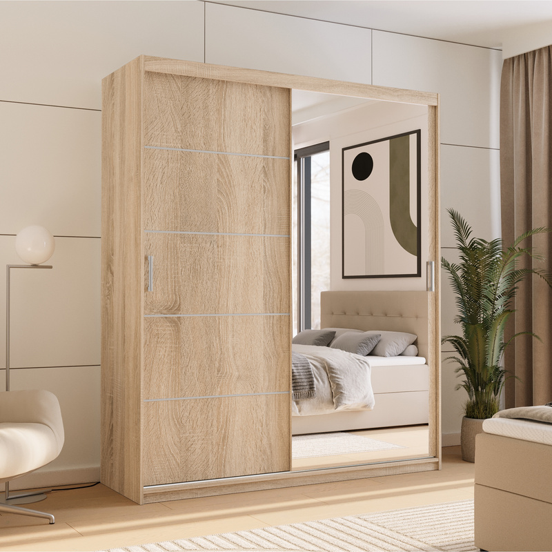 Szafa przesuwna 150 cm do sypialni z półkami i drążkiem RIVARO dąb sonoma