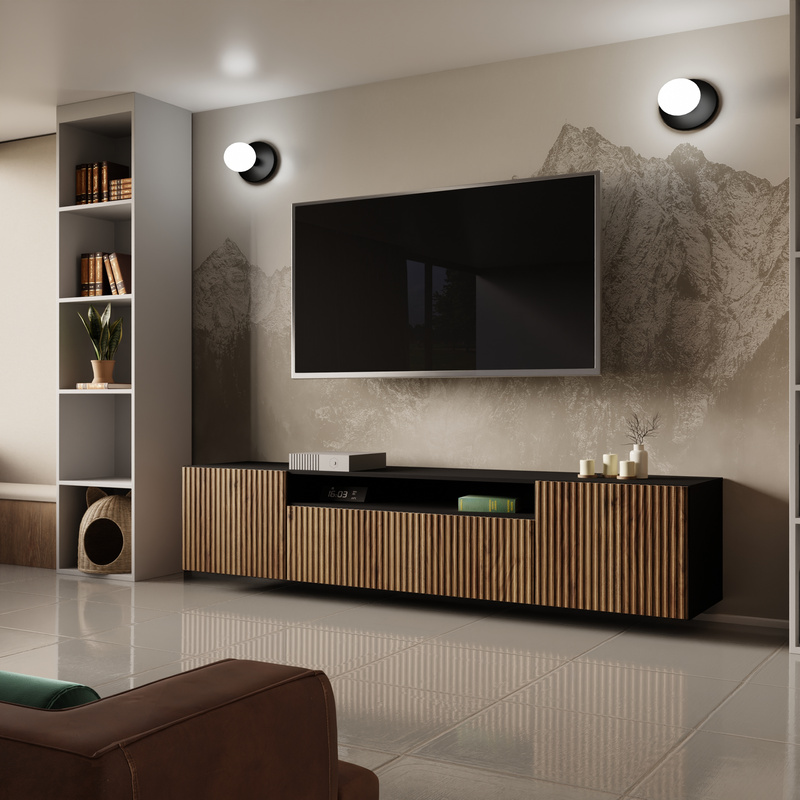 Wisząca szafka RTV 200 cm TAVIO loftowa z frezowanymi frontami