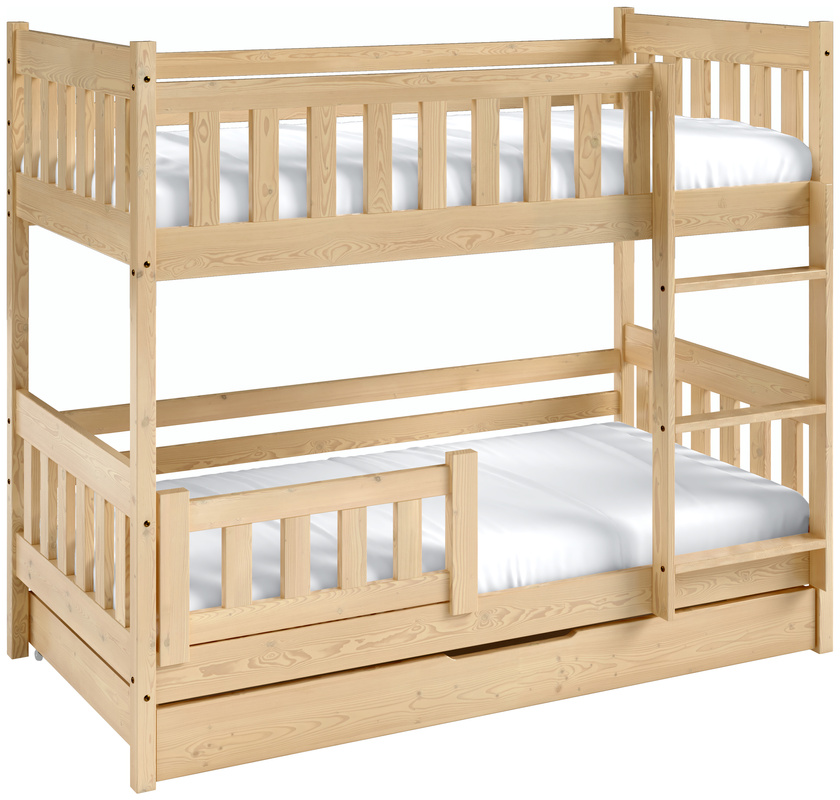 Sosnowe łóżko piętrowe z barierką i pojemnikiem do pokoju dziecięcego 80x190 cm LUMISLE
