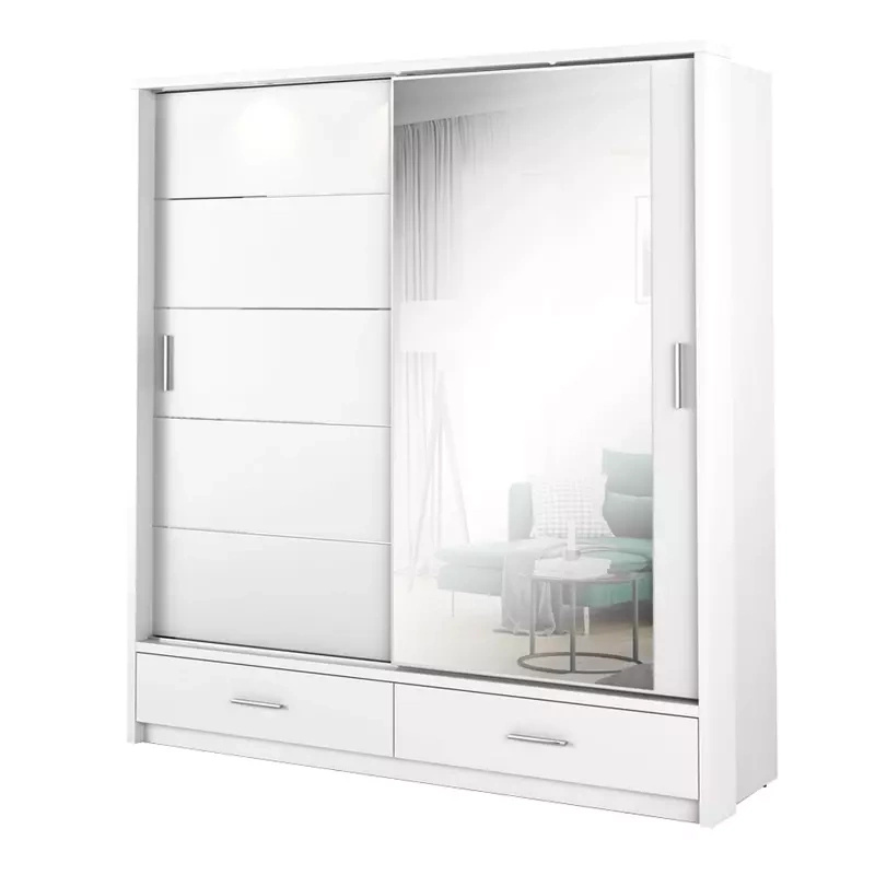 Biała szafa przesuwna z lustrem 200 cm szuflady półki ARTI