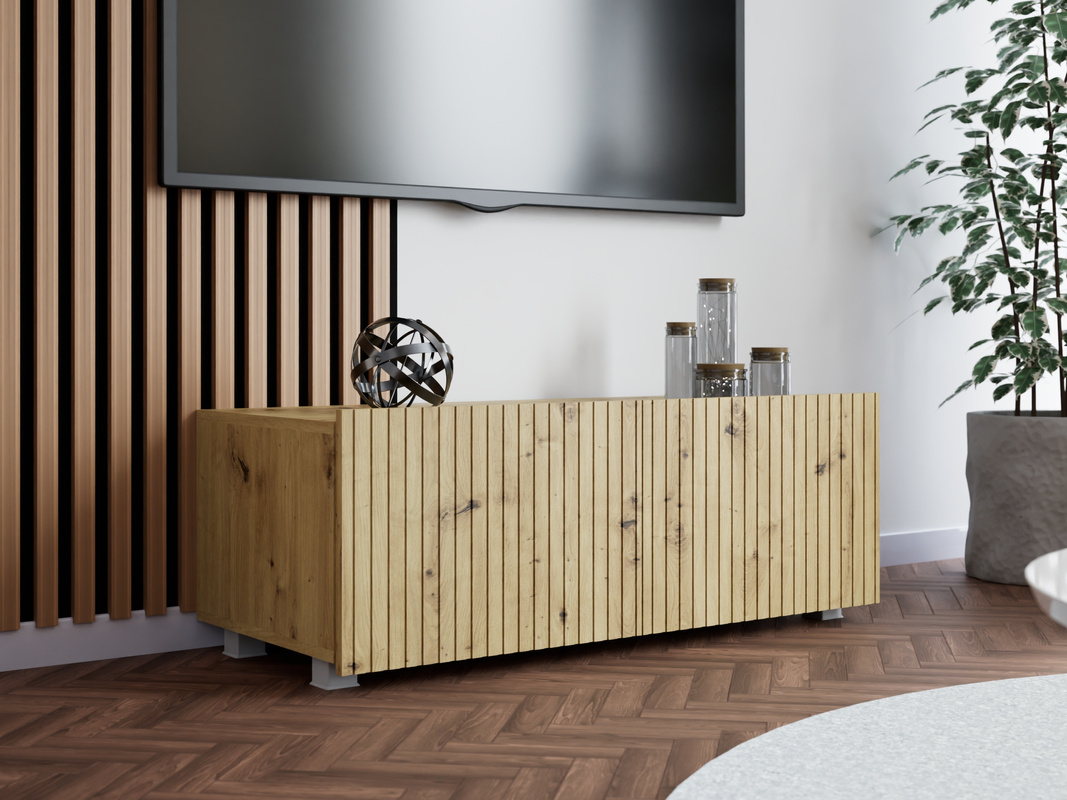 Szafka RTV nowoczesna 100 cm z ryflowanymi frontami KORDIS dąb artisan