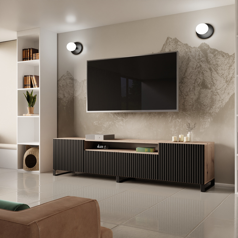 Szafka RTV 200 cm na nóżkach nowoczesna TAVIO dąb artisan + czarny