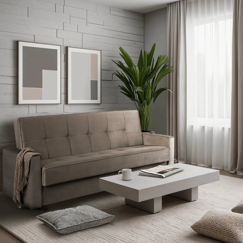 Beżowa sofa rozkładana z funkcją spania do salonu ALLUNO