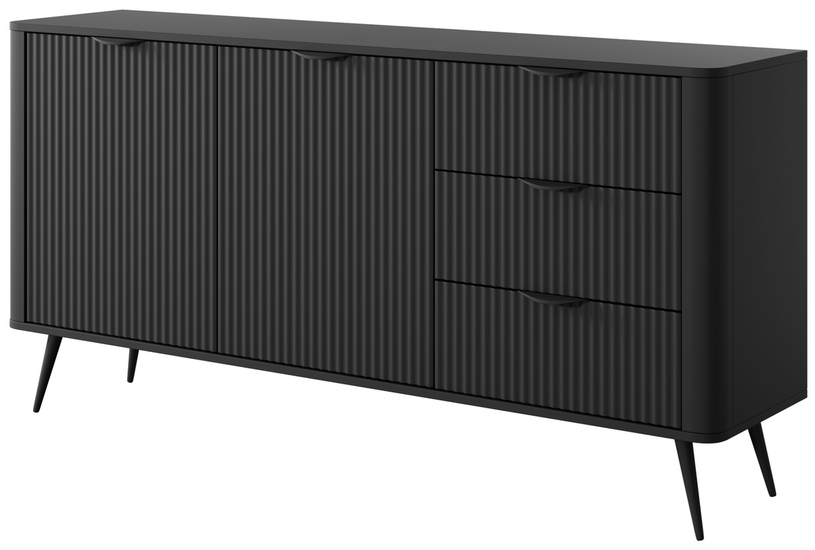Czarna komoda 163 cm do salonu LEONTE dwudrzwiowa z szufladami