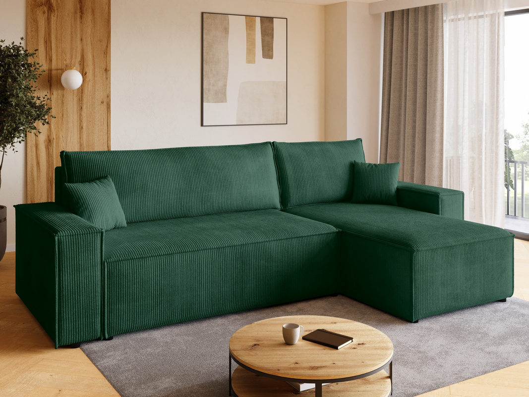 Zielony narożnik sztruksowy z pojemnikiem na pościel ADI