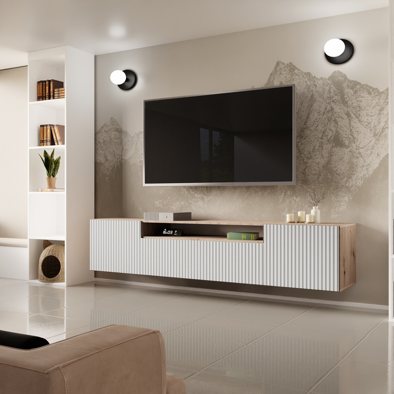 Nowoczesna szafka RTV 200 cm do salonu wisząca TAVIO frezowana