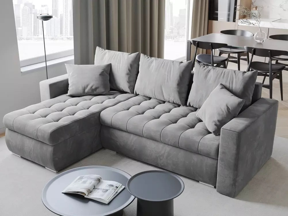 Szary rozkładany narożnik z funkcją spania LUIS pojemnik