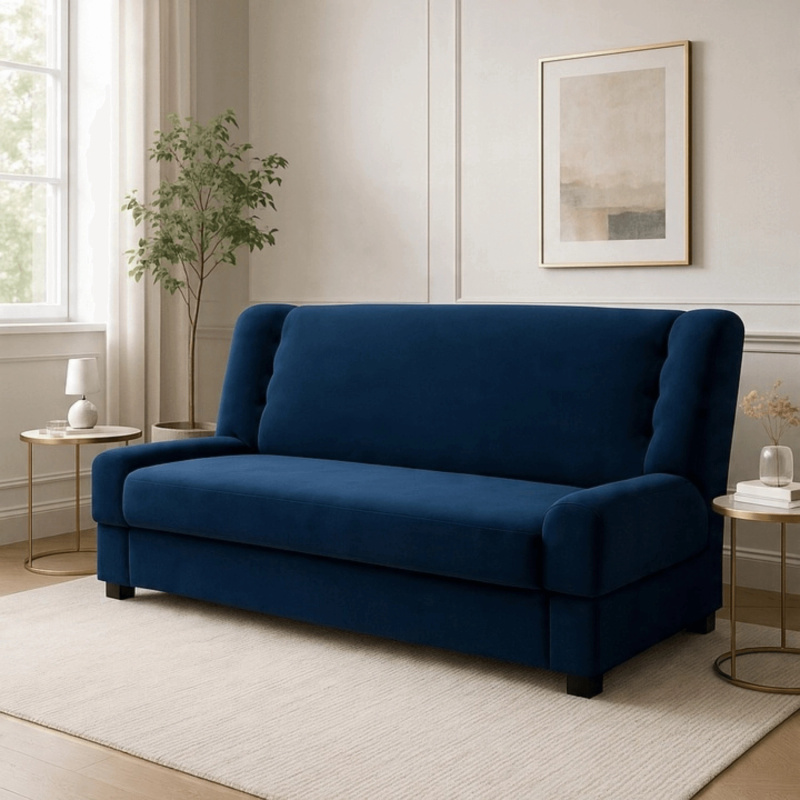 Granatowa sofa z funkcją spania do salonu PIONO