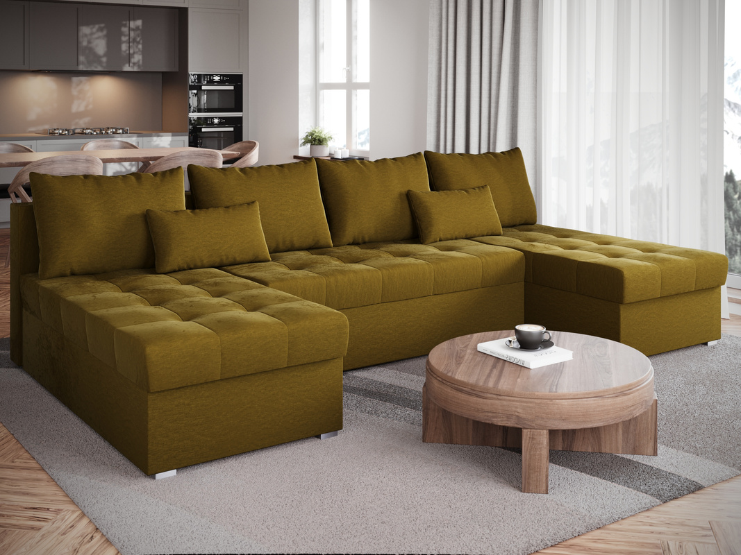 Musztardowy narożnik z funkcją spania i pojemnikiem HOT U SLIM