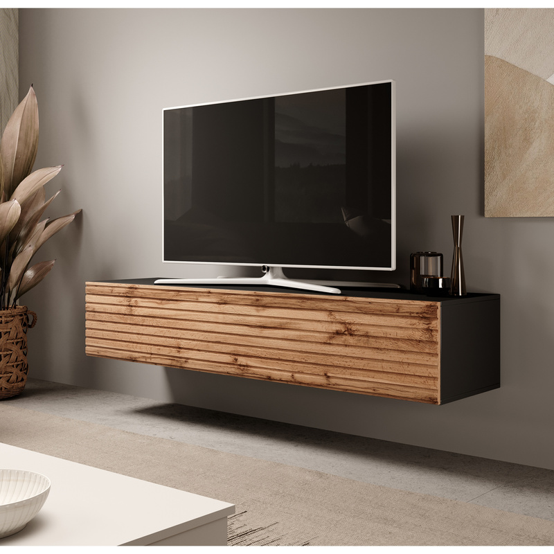 Czarna szafka rtv pod telewizor 160 cm z lamelami VAREO do salonu