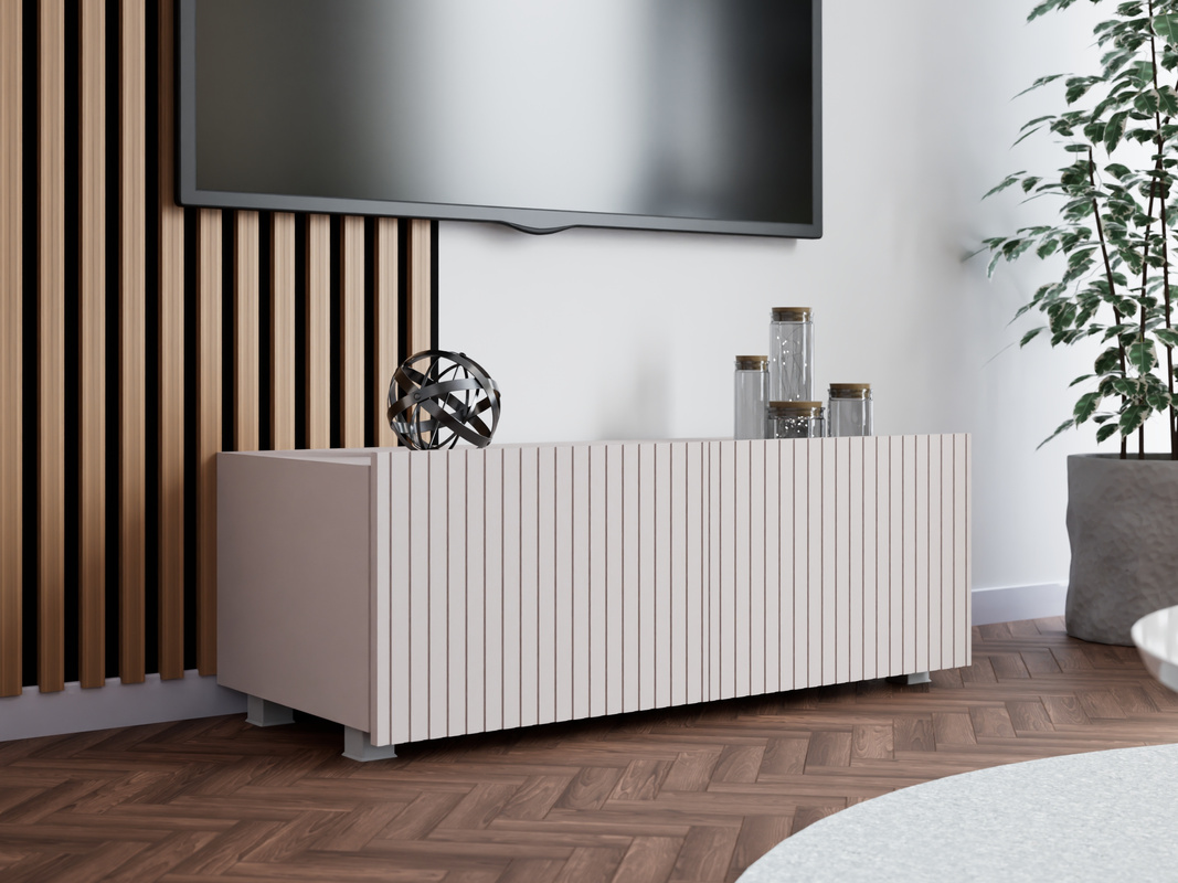 Nowoczesna szafka RTV 100 cm kaszmir z ryflowanymi frontami KORDIS
